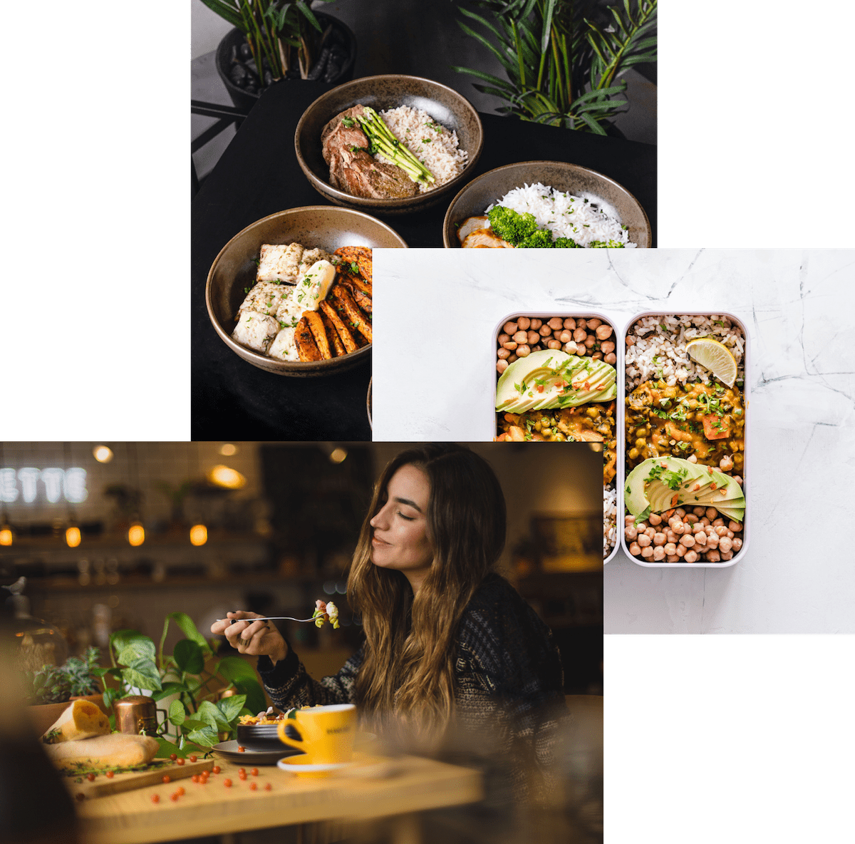 Man enjoying food, meals in storage container, and food bowls on a table
